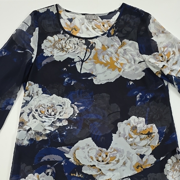 LAURA Women's Semi Sheer Blouse Top Blue Large White Floral Print Flowy Size XL - Picture 4 of 15